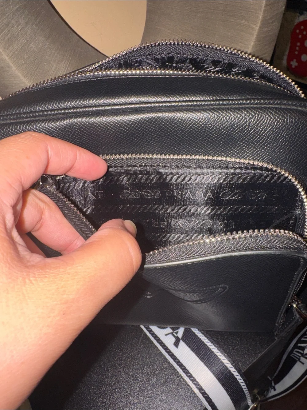 Prada Black Leather Messenger with Black & White Branded Strap